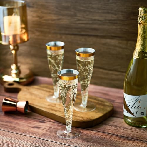 100 Pack Gold Rim Champagne Flutes - 4.5 oz Plastic Disposable Glasses