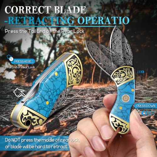 Damascus Pocket Knife for Gifting - Small Blue EDC Knife for Dad