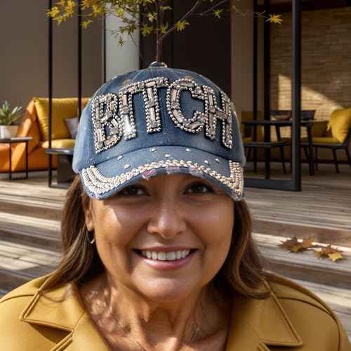 Popfizzy Bling Hat for Women, Rhinestone Baseball Cap, Bedazzled Distressed Denim Hat, Fun Birthday Gifts for Women and Girls