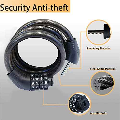 Long Coiled Security Resettable Combination Bike Cable 4 Digit Lock, Anti-Theft Accessories for Mountain and Road Bike, Electric Bicycle, Scooter, 32 inch