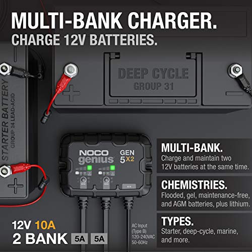 NOCO Genius GEN5X2: 2-Bank, 10A Onboard Battery Charger - 5A Per Bank, 12V Waterproof Marine Charger with Overcharge Protection & Temperature Compensation ? for Lead-Acid & Lithium Batteries