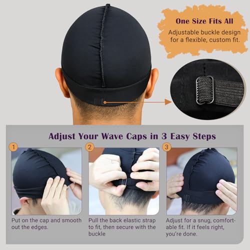 Adjustable Wave Cap for Men Black+Black - Elastic Stocking Cap for 360/540/720 Waves