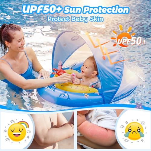 Blue Baby Pool Float with Canopy UPF50+ Adjustable Sun Protection and Safety Seat