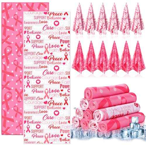 Breling 24 Pack Breast Cancer Awareness Cooling Towels 31 x 11 inches Pink Ribbon Sweat Breathable Chilly Pink Microfiber Football Towel for Breast Cancer Procession Survivor Sport Yoga Gifts(Trendy)