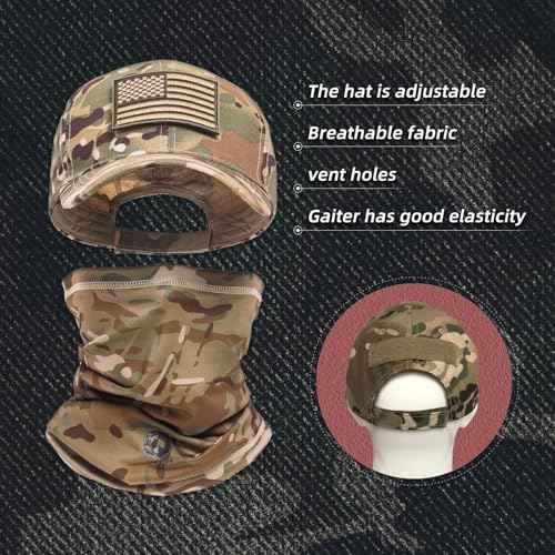 Camo Hat Baseball Cap Camo Face Mask Neck Gaiter with American Flag Patch for Men/Women Outdoors Tactical Military