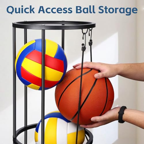 Heavy Duty Black Rolling Ball Storage Rack for Sports Equipment - Fits Basketball, Soccer, Volleyball, Football - Qevylentte