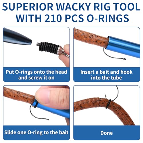 Blue Wacky Rig Fishing Tool Kit with Silicone O Rings for Bass Lures - 210 Pieces