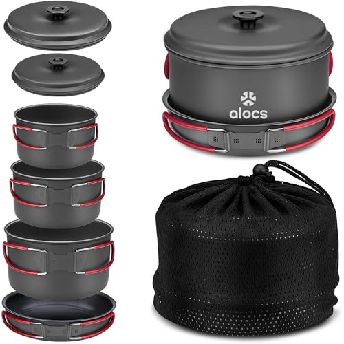 Camping Cookware Set 2.2L + 1.2L + 1L Pots and 19.1cm Non-Stick Pan - Lightweight & Portable