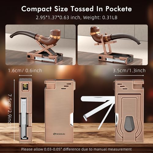 Pipe Lighter with Pipe Stand, 3 in 1 Cleaner Tools, Refillable Butane Lighter with Angled Soft Flame, Pipe Lighters for Smoking, Pipe Gift for Father's Day,Christmas Day (Bronze)