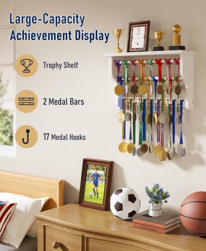 White 3-Tier Solid Wood Medal Hanger Display with Brass Hooks
