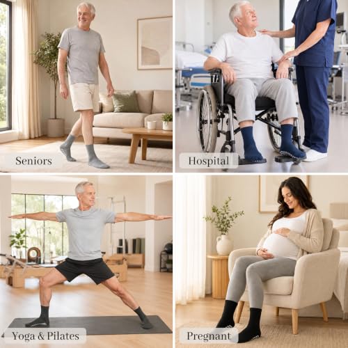 Non Slip Grip Socks for Men - Fall Prevention Hospital Seniors 11-13, Black - 5 Pairs
