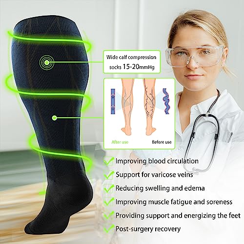 LEVSOX Wide Calf Compression Socks for Women & Men 15-20mmHg Large Support Stockings - 4X-Large / 3 Pair Black