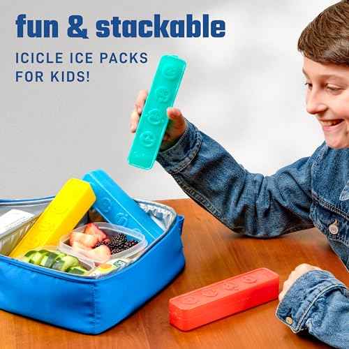 Cool Coolers by Fit & Fresh Kids Icicle Lunch Box Ice Pack Sticks, Icicle Ice Sticks for Lunch Bags and Coolers, Lunch Ice Pack Sticks, Reusable, Space-Saving, Multicolored, Smile Icicles, 4PK