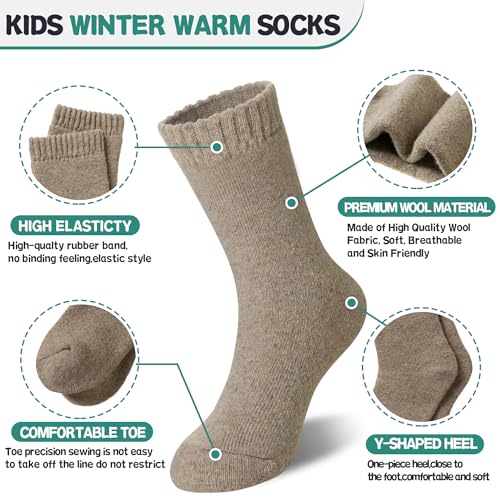Kids Merino Wool Thermal Socks 6 Pairs - Solid Color, 8-12 Years