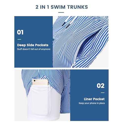 maamgic Mens Swim Trunks with Compression Liner 5" Stretch Beach Shorts Quick Dry with Zipper Pockets No-Chafing Board Shorts