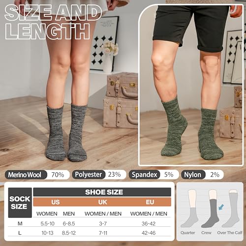 Anlisim Merino Wool Hiking Socks - Crew Work Socks for Men Women Large Green/Black/Grey