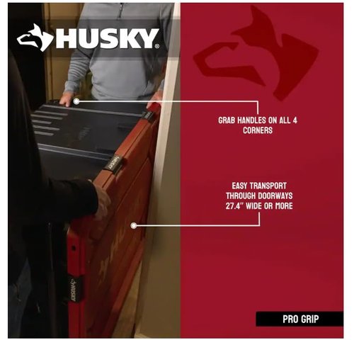 Husky 170 Gallon Pro Grip Storage Tote, Black/Red, Wheeled with Steel Handle, 48.6 x 40.1 x 27.4 inches