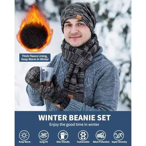 Mens Hat Gloves Scarf Set Winter, Slouchy Beanie 3 in 1 Warm Set, for Men, Mens Stocking Stuffers