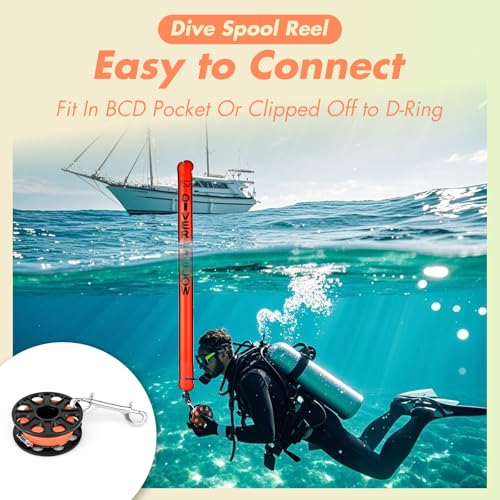 100FT Compact Scuba Diving Reel, Plastic Finger Spool Dive Reel with Stainless Steel Double-Ended Bolt Snap for Underwater Sports, Wreck Cave Diving, Snorkeling, Spearfishing (Black)