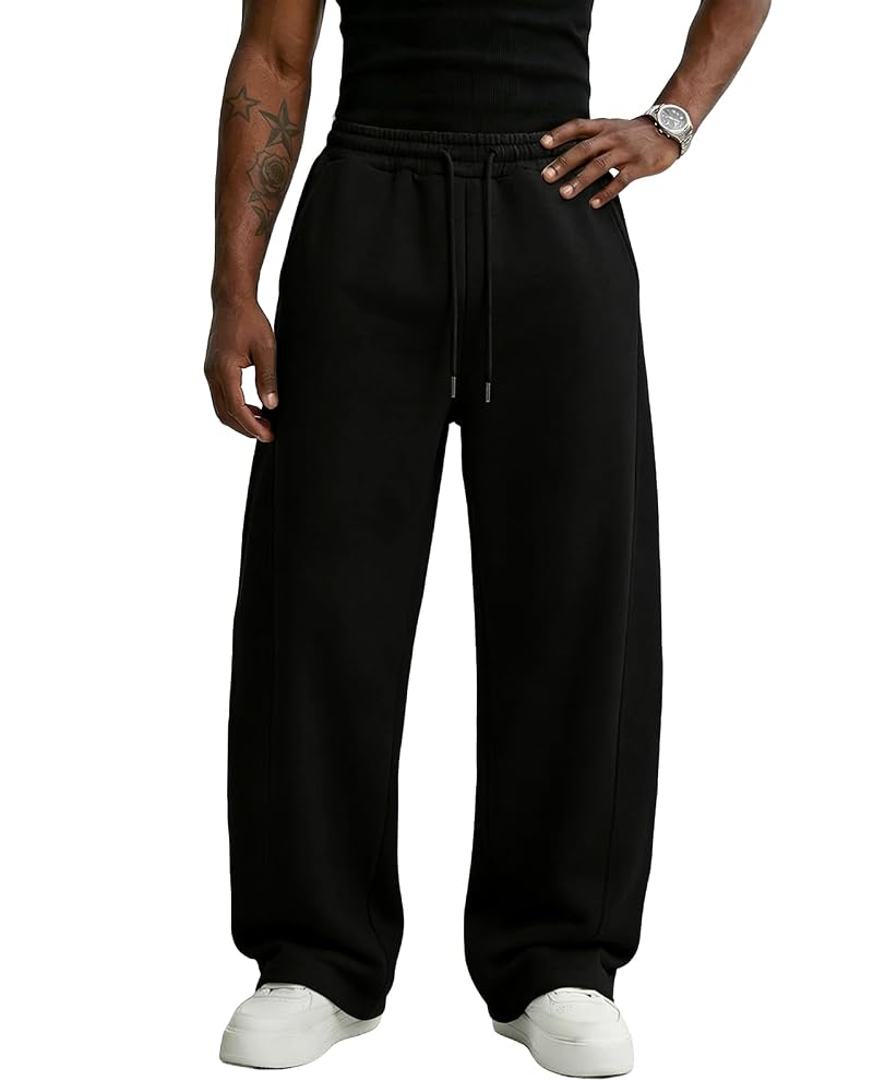 Wangdo Men's Baggy Sweatpants Wide Leg Lounge Pants – Black, Medium