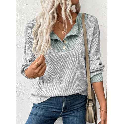 EVALESS Womens Fall Fashion 2025 Womens Long Sleeve Shirts Patchwork Button Up V Neck Sweatshirt Casual Pullover Tops