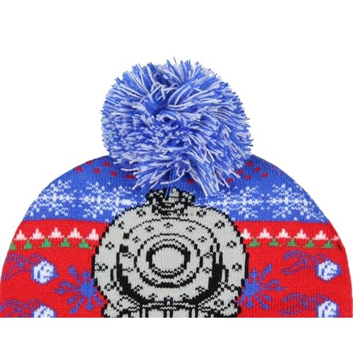 The Polar Express Beanie Men's Locomotive Fair Isle Design Embroidered Logo Fold Cuff Top Pom Beanie Hat