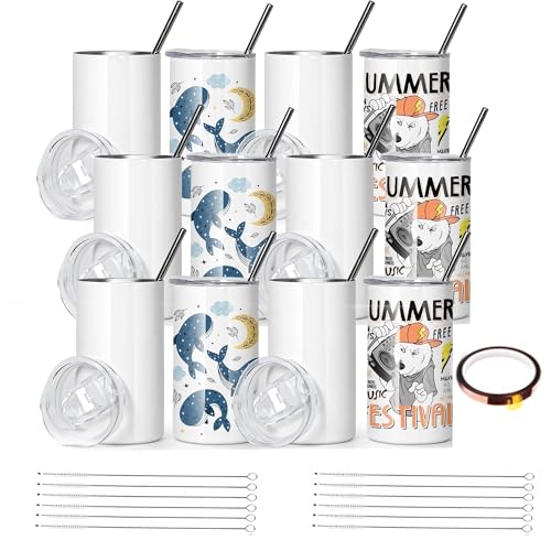 12 Pack 12oz Sublimation Tumblers with Lids & Straws - Kids Stainless Steel Insulated