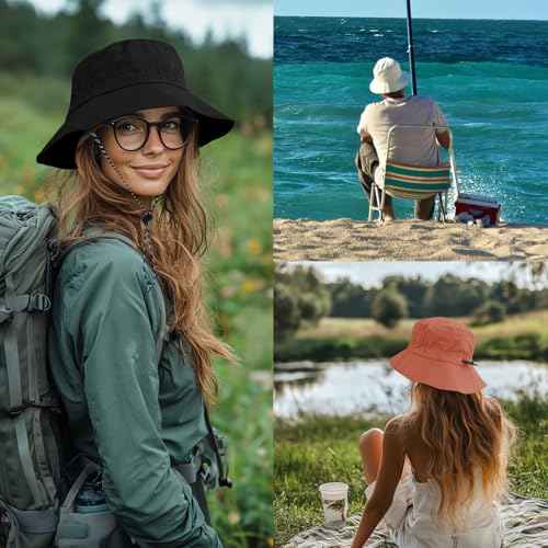 PFFY Quick Dry Waterproof Packable Bucket Hat for Women Men Outdoor Sun Hats with Detachable Chin Strap