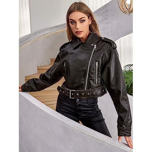 LY VAREY LIN Women Faux Leather Cropped Jacket Lapel Zipper Biker Short Coat with Belt