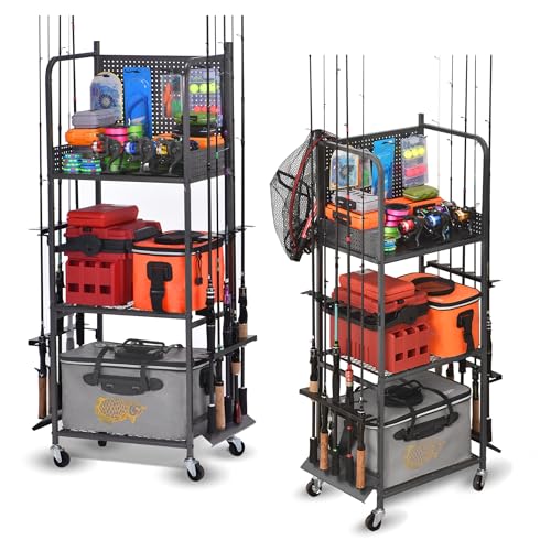 Heavy Duty Fishing Rod Rack with Wheels - Garage Organizer for Fishing Gear
