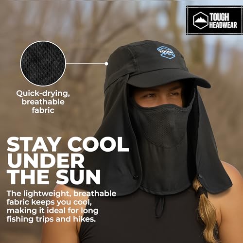 Tough Headwear Fishing Cap with Face Mask & Neck Flap - Black - Sun Protection UPF 50