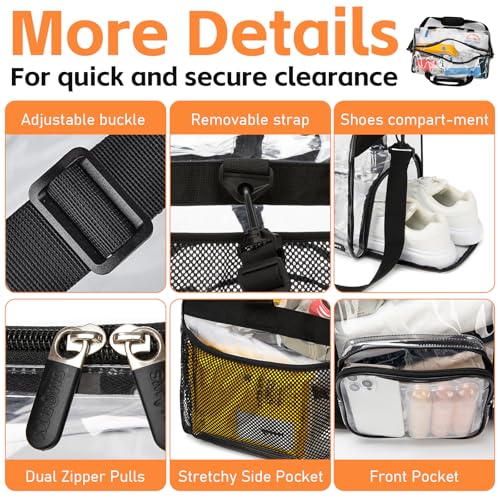 Black Clear Tote Bag for Stadium Events and Travel - Reinforced Straps 17x12x12 in