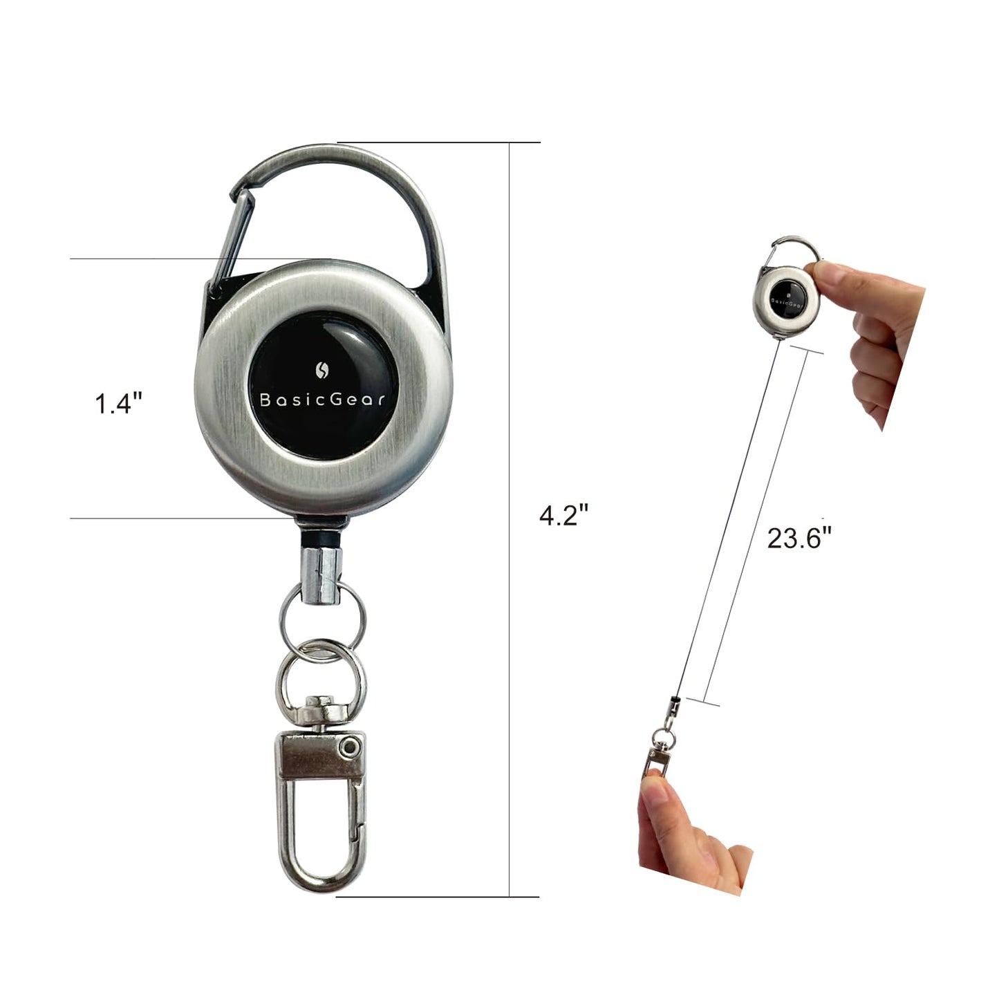 BasicGear Zinger Retractable Keychain 2 Pack – Brushed Metal with 24" Cord, Heavy Duty Badge Reel for Fishing & Outdoors
