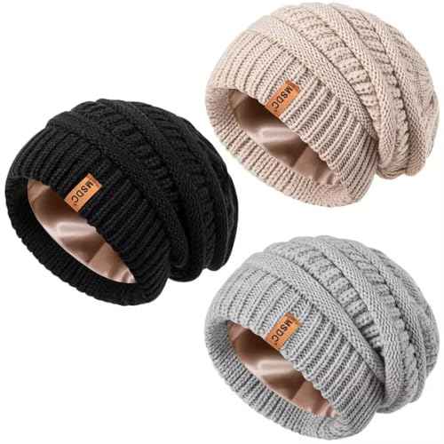 3 Pack Satin Lined Beanie for Women, Warm Slouchy Winter Hats with Silk Lined, Fashionable Oversized Cable Knit Hat Skull Cap