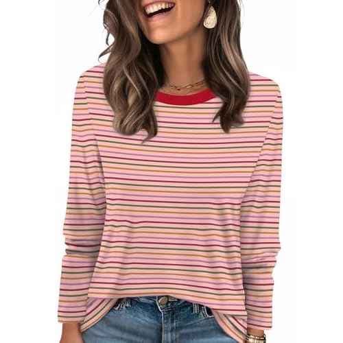 WIHOLL Womens Striped Long Sleeve Shirts Fall Outfits 2025 Color Block Tops Fashion Clothing Ribbed Crewneck Tee Blouses