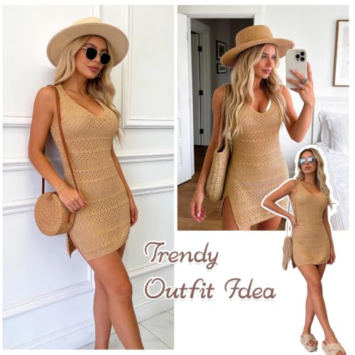 Women's Crochet Cover Up V-Neck Beach Dress Small Khaki