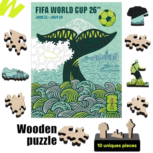 FIFA World Cup 2026 Wooden Puzzle - Seattle City Poster, 200 Pieces, Official License, 11.8x9.3in - Variation of Seattle / 200 Pieces