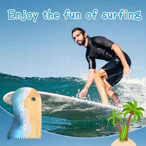 Surfboard Wax Comb Bamboo Surfboard Wax Scraper Surfboard Wax Removal Tool Surf Wax Comb with Hole Surfboard Accessories for Surfing Board Men Women Surfer Gift Ocean Wave Pattern