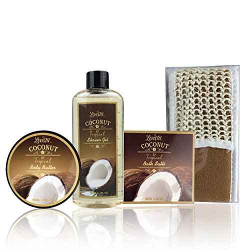 Mother's Day Spa Gift Baskets Bath and Body Set Refreshing Coconut Fragrance Lovestee - Bath and Body Gift Set Includes Shower Gel Body Lotion Body Scrub Body Butter Bath Salt and Loofah Scrubbed