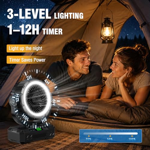 Ausic Rechargeable Solar Camping Fan & Oscillating Portable Fan with Lights - Black