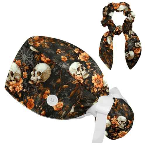 Scrub Caps Women, Adjustable Surgical Caps with Ponytail Pouch, Working Cap with Bow Hair Scrunchy, Bouffant Hat with Buttons, Skull Halloween Autumn Gothic Vintage Floral Retro