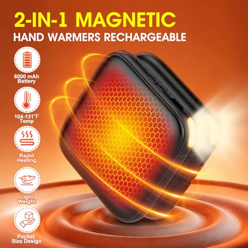 Rechargeable Hand Warmers 2 Pack with LED Light - Black, 6000mAh, Fast Heating