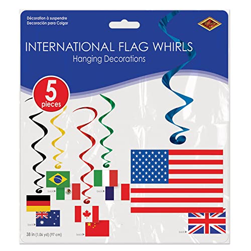 International Flag Whirls - 5 Pack Hanging Decorations with Multinational Flags