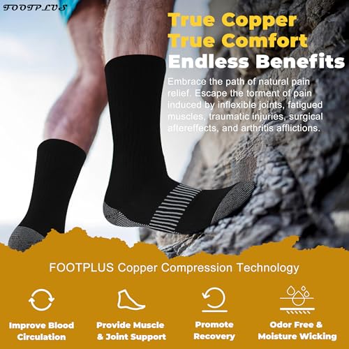FOOTPLUS Hiking Copper Compression Socks Large 6 Pairs Black Crew Unisex Athletic