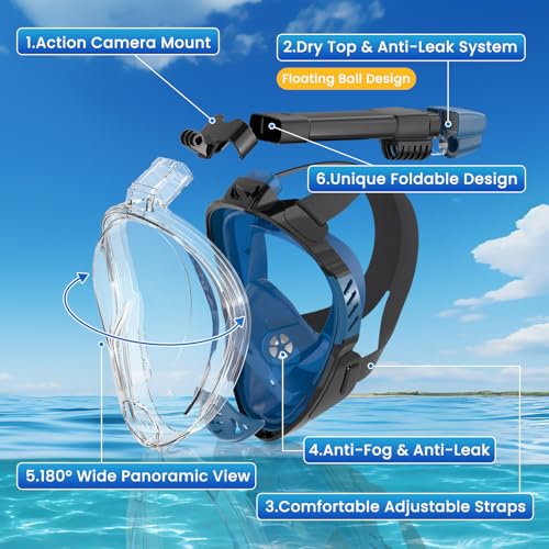 Full Face Snorkel Mask for Adults, 180° Panoramic View, Dry Top, Detachable Camera Mount - Blue Large-X-Large