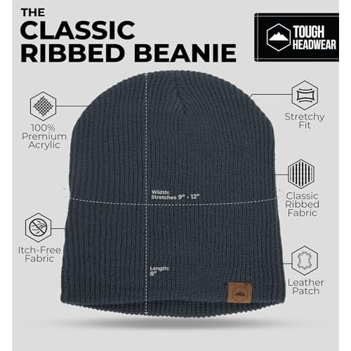 Tough Headwear Ribbed Beanie Hat - Four-Way Stretch Beanie for Women & Men - Lightweight, Soft Acrylic Knit Winter Hat