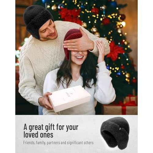 Winter Fleece-Lined Beanie with Earflaps,Warm Windproof Beanie Hat for Men & Women