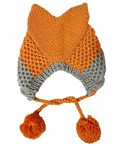 Fox Ears Beanie Hat for Adults - Warm Handmade Knitted Cap with Pom Pom, Patchwork, Orange - Variation of THIS listing