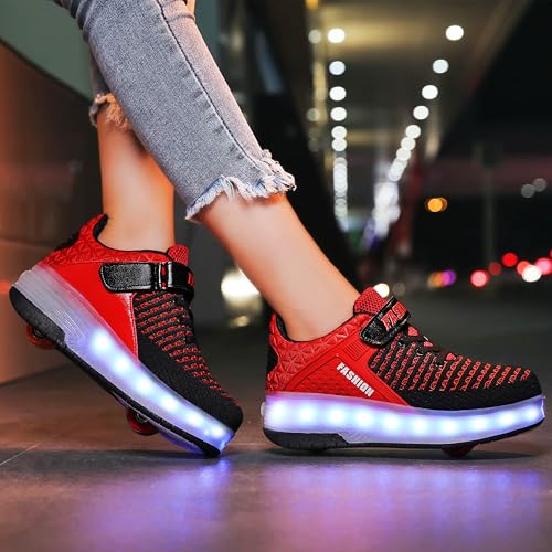 Kids Roller Shoes with Lights - A-Red, Lightweight & Breatheable, Beginner Sneakers with Wheels, USB Charging - Little Kid Size 1