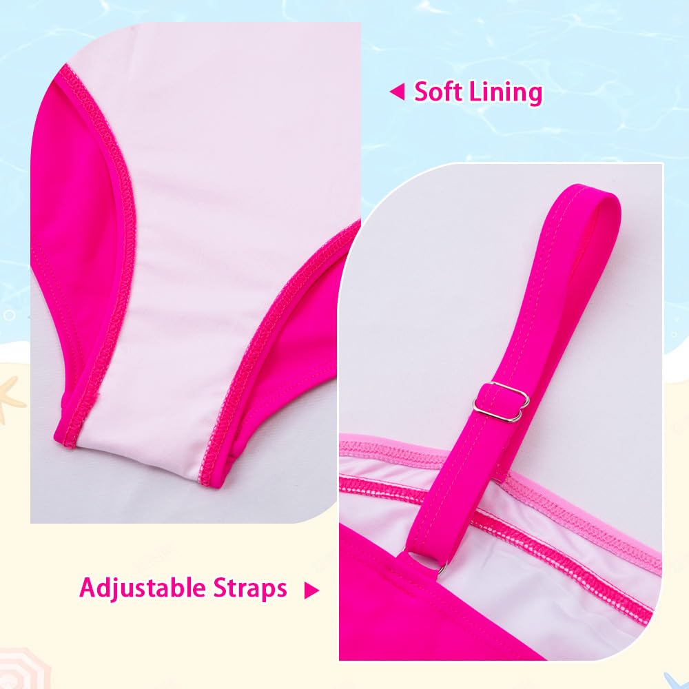 Belovance Girls Swimsuits One Piece Bathing Suit Solid Color Ruched Swimming Suit Tween Summer Modest Beach Swimwear Adjustable Straps Quick Dry Size 9 10 (10Y, Hotpink)